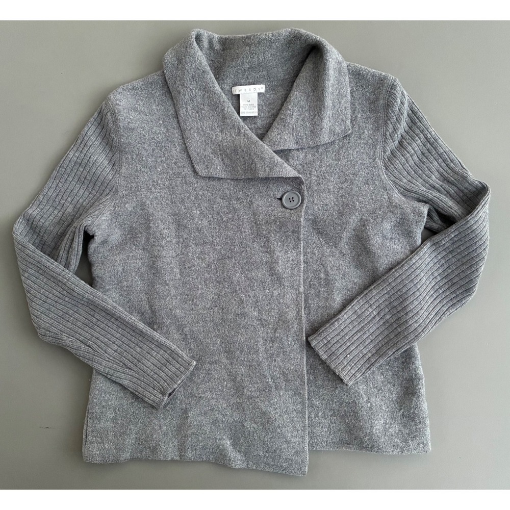 Tweeds Vintage Gray 100% Wool Asymmetrical Ribbed Sleeve Cardigan M Heritage